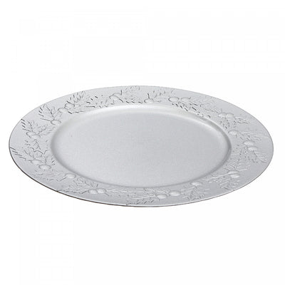 Charger Plate Holly berries Silver 13" - Set of 6 Dinnerware|Assiette de présentation de 13 po argentée ornée de houx - ensemble de 6