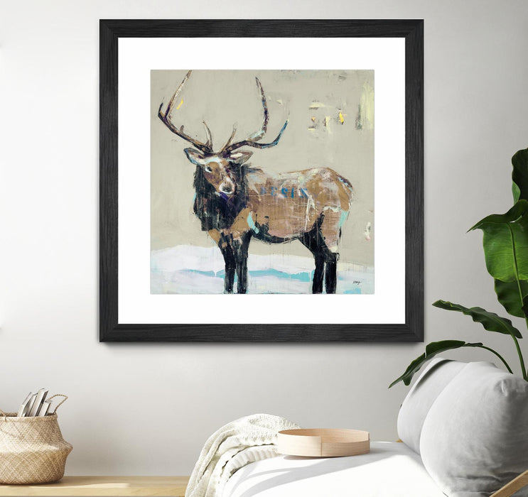 \"Winter Elk Neutral\" Matted and Framed Black 36x36 Wall Art