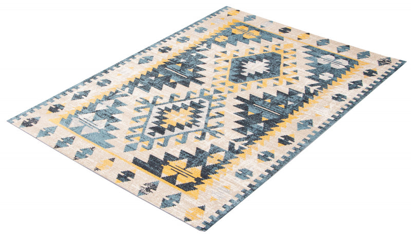 Mosaic Taupe/Blue Machine Washable Area Rug - 6'0\" x 9'0\"