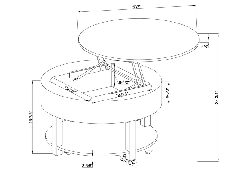 Elroy 33\" Rustic Round Lift Top Coffee Table With Storage, Shelf and Casters - Brown and Grey with Fabric Edge