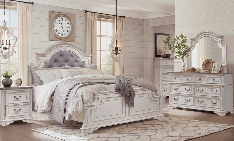 Grace 5pc Bedroom Set with Bed, Dresser & Mirror, Wooden, Fabric, Antique White - Queen Size