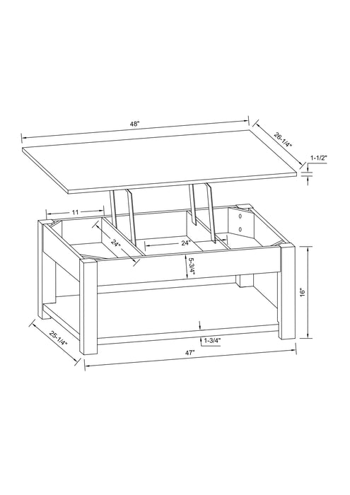 Sicily 48\" Modern Lift Top Coffee Table With Storage, Shelf and Casters - Dark Brown Base with Beige Marble Look Top