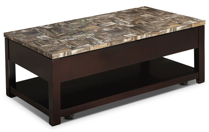 Sicily 48\" Traditional Lift Top Coffee Table With Storage, Shelf and Casters - Dark Brown Base with Weathered Marble Look Top