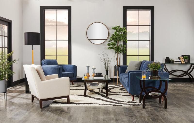 Kort & Co. Kassia 90.6\" Linen-Look Fabric Sofa with Wood Base and Legs - Blue