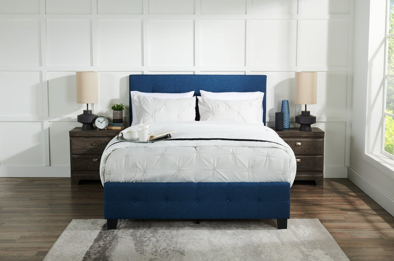Page Upholstered Bed in Blue Linen-Look Fabric, Button Tufted - King Size