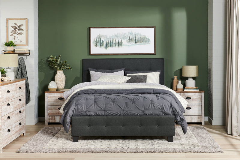 Page Upholstered Bed in Charcoal Linen-Look Fabric, Button Tufted - Queen Size