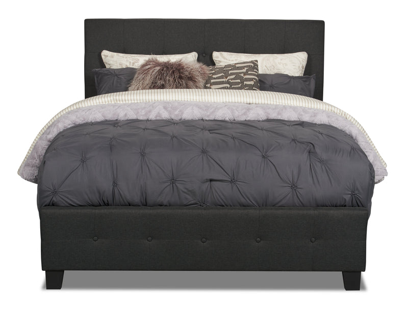 Page Upholstered Bed in Charcoal Linen-Look Fabric, Button Tufted - Queen Size