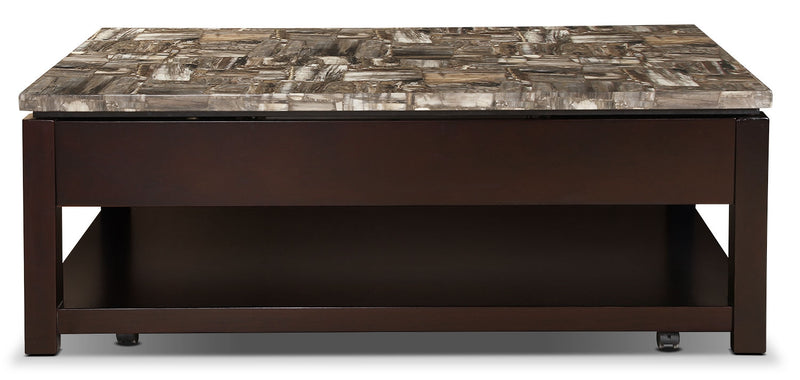 Sicily 48\" Traditional Lift Top Coffee Table With Storage, Shelf and Casters - Dark Brown Base with Weathered Marble Look Top