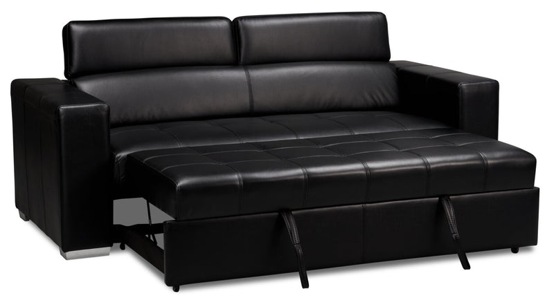 Drake 87\" Leather-Look Fabric Sleeper Sofa with Pull Out Sleeper, Flip-Up Headrests and Button Tufting - Black