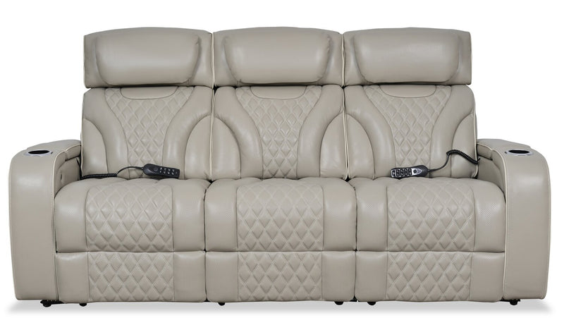 Elite 86\" Genuine Leather Massage Power Reclining Sofa with Power Headrests and Storage Arms - Putty
