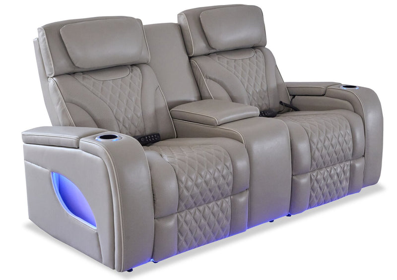 Elite 74\" Genuine Leather Massage Power Reclining Loveseat with Power Headrests and Storage Arms - Putty