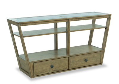 Esme 56" Traditional Glass Top Sofa Table with Storage and Shelf - Light Brown Wood|Table de salon traditionnelle Esme de 56 po avec dessus en verre, rangement et tablette - bois brun clair