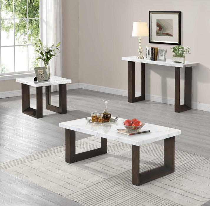 Silvia 22\" Modern End Table - White and Grey Marble Look with Brown Wood Legs