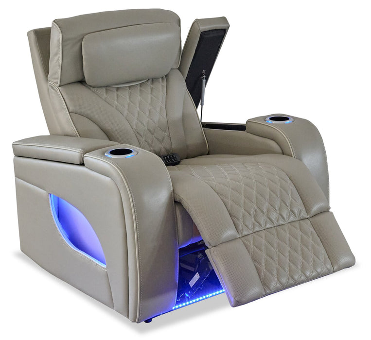 Elite 38\" Genuine Leather Massage Power Reclining Chair with Power Headrest and Storage Armrests - Putty