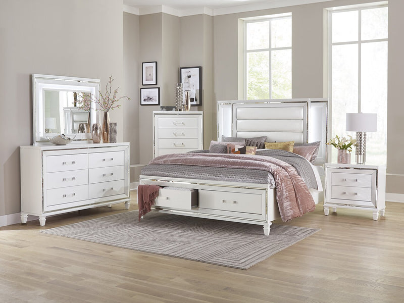 Max 6pc Bedroom Set with Storage Bed, Dresser, Mirror & Nightstand, LED, Glam, White - Queen Size