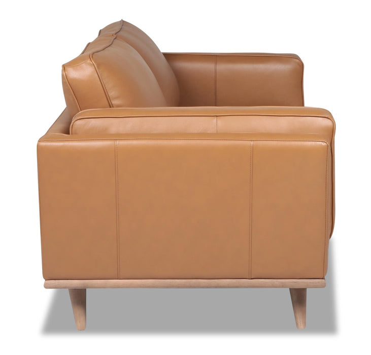 Vivia 63\" Genuine Leather Loveseat with Removable Seat Cushions and Wood Base - Caramel Brown 