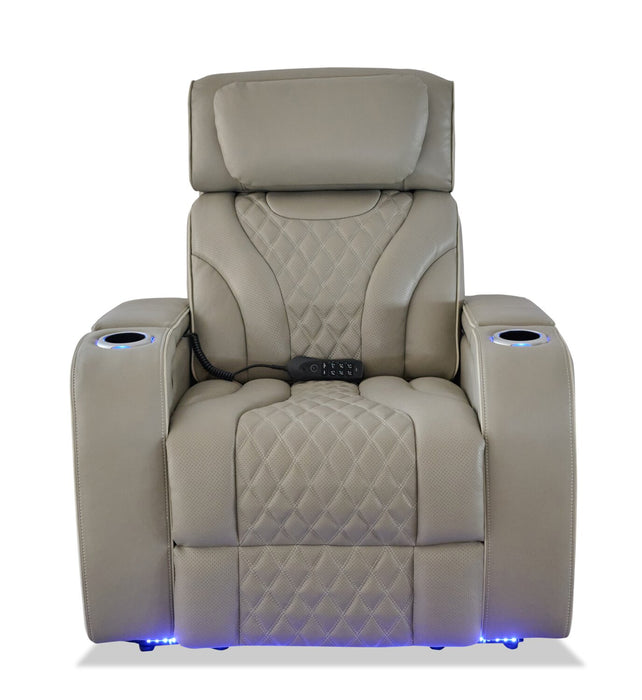 Elite 38\" Genuine Leather Massage Power Reclining Chair with Power Headrest and Storage Armrests - Putty