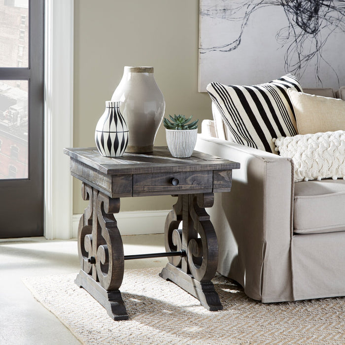 Bellamy 22\" Traditional End Table with Storage - Dark Brown Pine with Scroll Design Wood Base