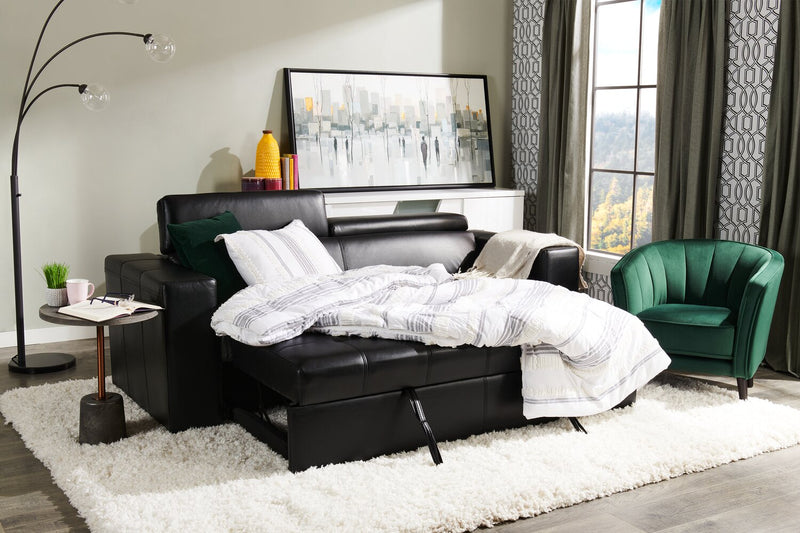 Drake 87\" Leather-Look Fabric Sleeper Sofa with Pull Out Sleeper, Flip-Up Headrests and Button Tufting - Black