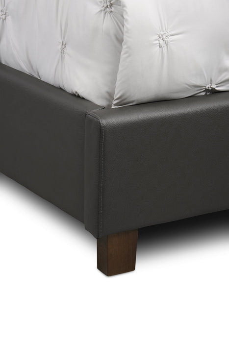 Tulsa Upholstered Platform Bed in Grey Vegan-Leather Fabric, Button Tufted - Queen Size
