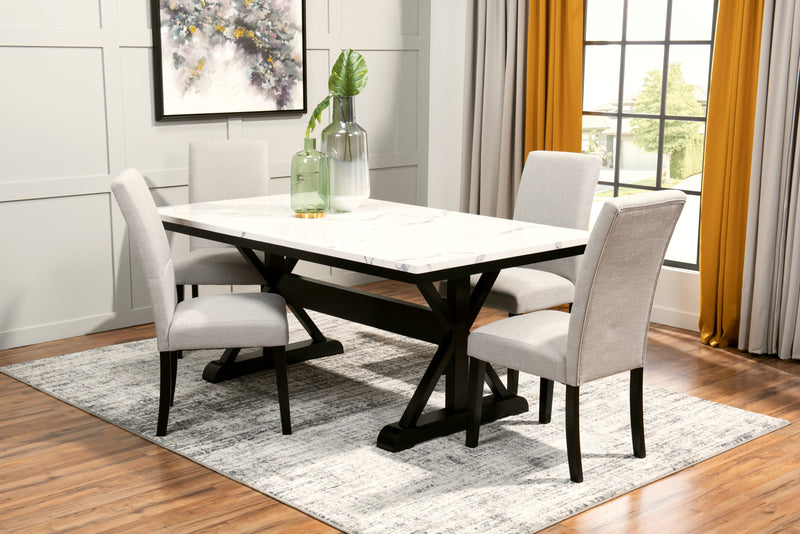Verona 5pc Dining Set with Table & 4 Chairs, Culture Marbled Top, Trestle Base, 70\"W - White
