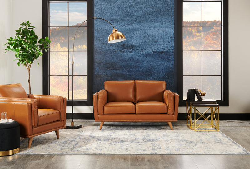 Vivia 63\" Genuine Leather Loveseat with Removable Seat Cushions and Wood Base - Caramel Brown 